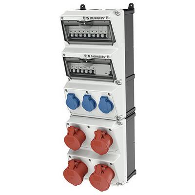 Industrielles Stromverteilpanel mit zwei Schaltermodulen und mehreren blauen und roten Steckdosen.