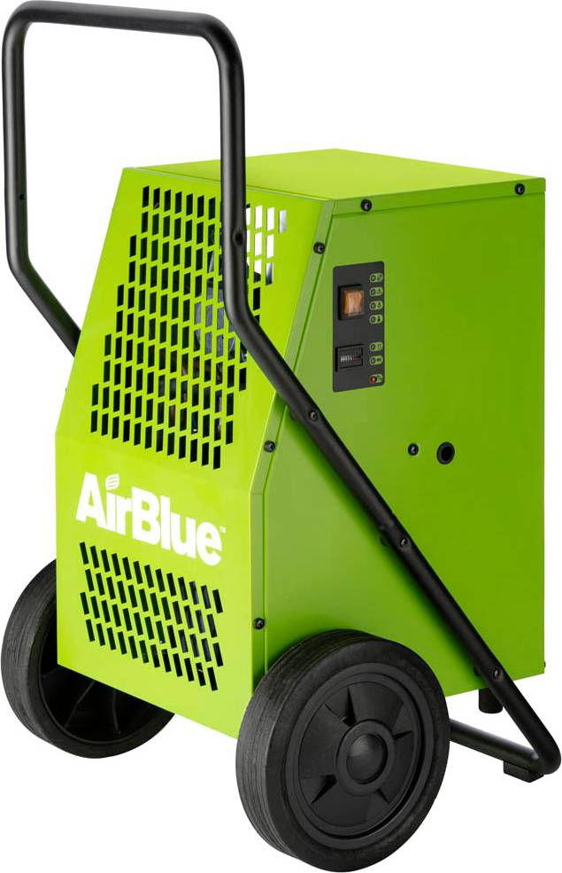 Tragbares grünes AirBlue-Gerät auf zwei Rädern mit schwarzem Griff, wahrscheinlich ein mobiler Luftreiniger oder Kompressor.