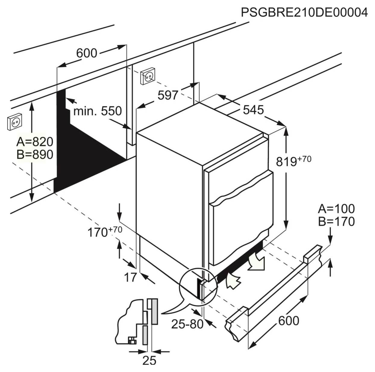 Installationsdiagramm eines Einbaukühlschranks mit gekennzeichneten Freiraum- und Abmessungsangaben, einschließlich 600 mm Breite und 819+70 mm Höhe.