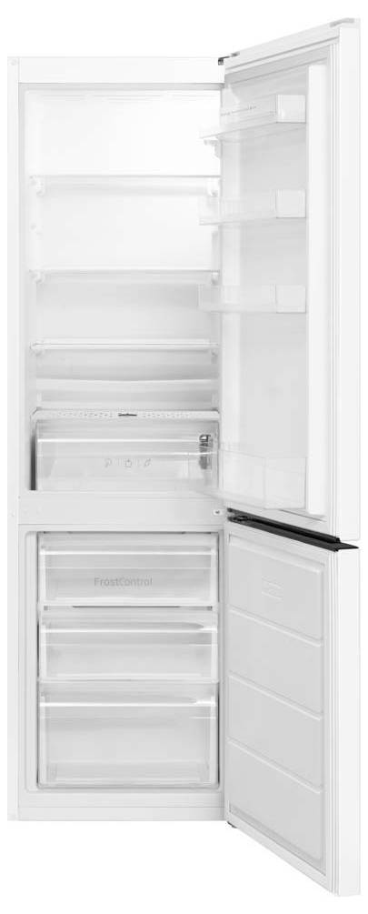 Offener Kühlschrank mit weißem Innenraum, Regalen, Gemüsefach und unterem Gefrierfach; Türen sind offen, um den Stauraum zu zeigen.