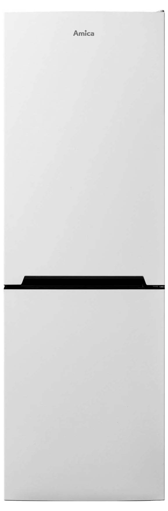 Weißer Amica-Kühlschrank mit schwarzem horizontalen Griff und zentriertem Logo auf der oberen Tür.
