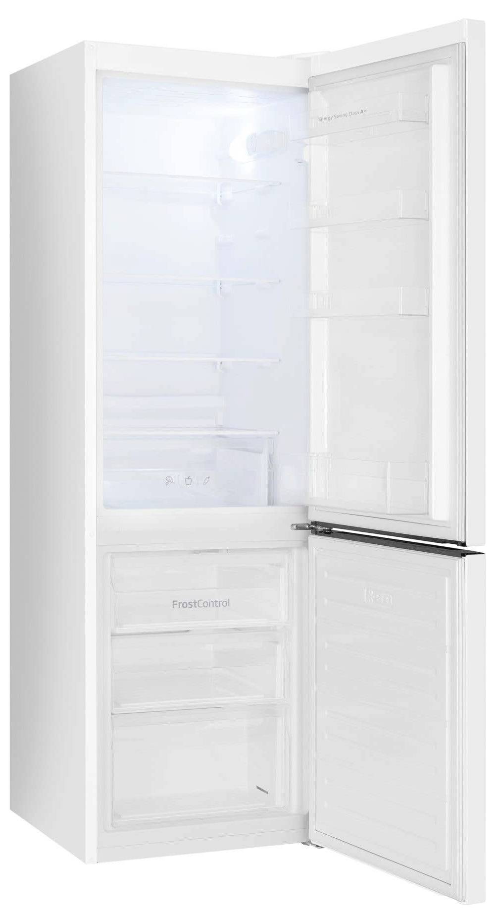 Offener weißer Kühlschrank mit Gefrierschrank oben und unterer Kühlschrank-Abteilung, beide Türen sind geöffnet und zeigen leere Regale und Schubladen.
