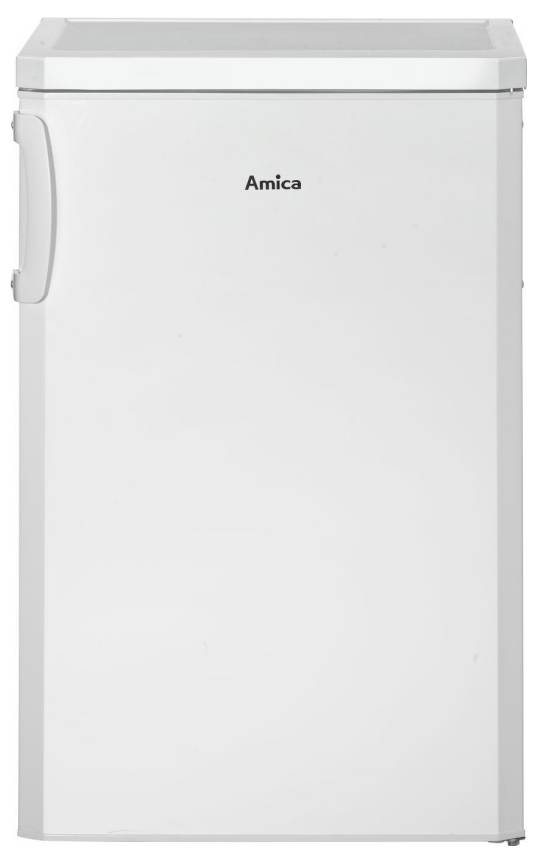 Weißer aufrechter Gefrierschrank von Amica mit vordenem Griff, vor einem einfachen Hintergrund dargestellt.