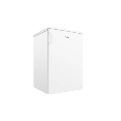 Weißer aufrechter Mini-Kühlschrank auf einfachem Hintergrund dargestellt, leicht nach links geneigt, mit einer Fronttür und sichtbarem Griff.