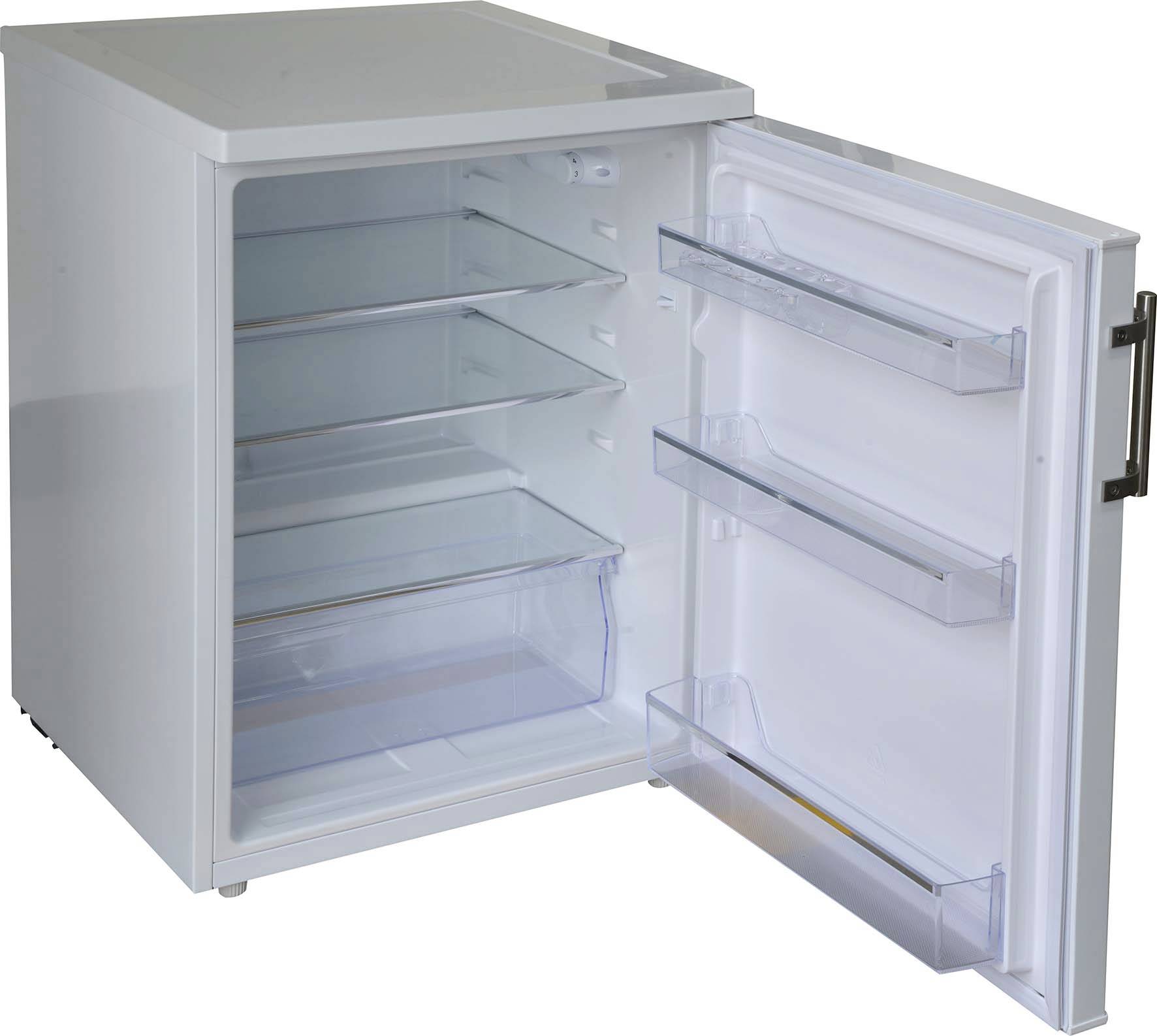 Kleiner weißer Mini-Kühlschrank mit offener Tür, die Glasregale und durchsichtige Türfächer im Inneren zeigt.
