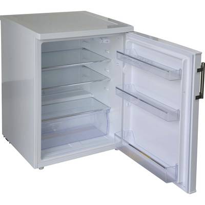 Kleiner weißer Mini-Kühlschrank mit offener Tür, die Glasregale und durchsichtige Türfächer im Inneren zeigt.
