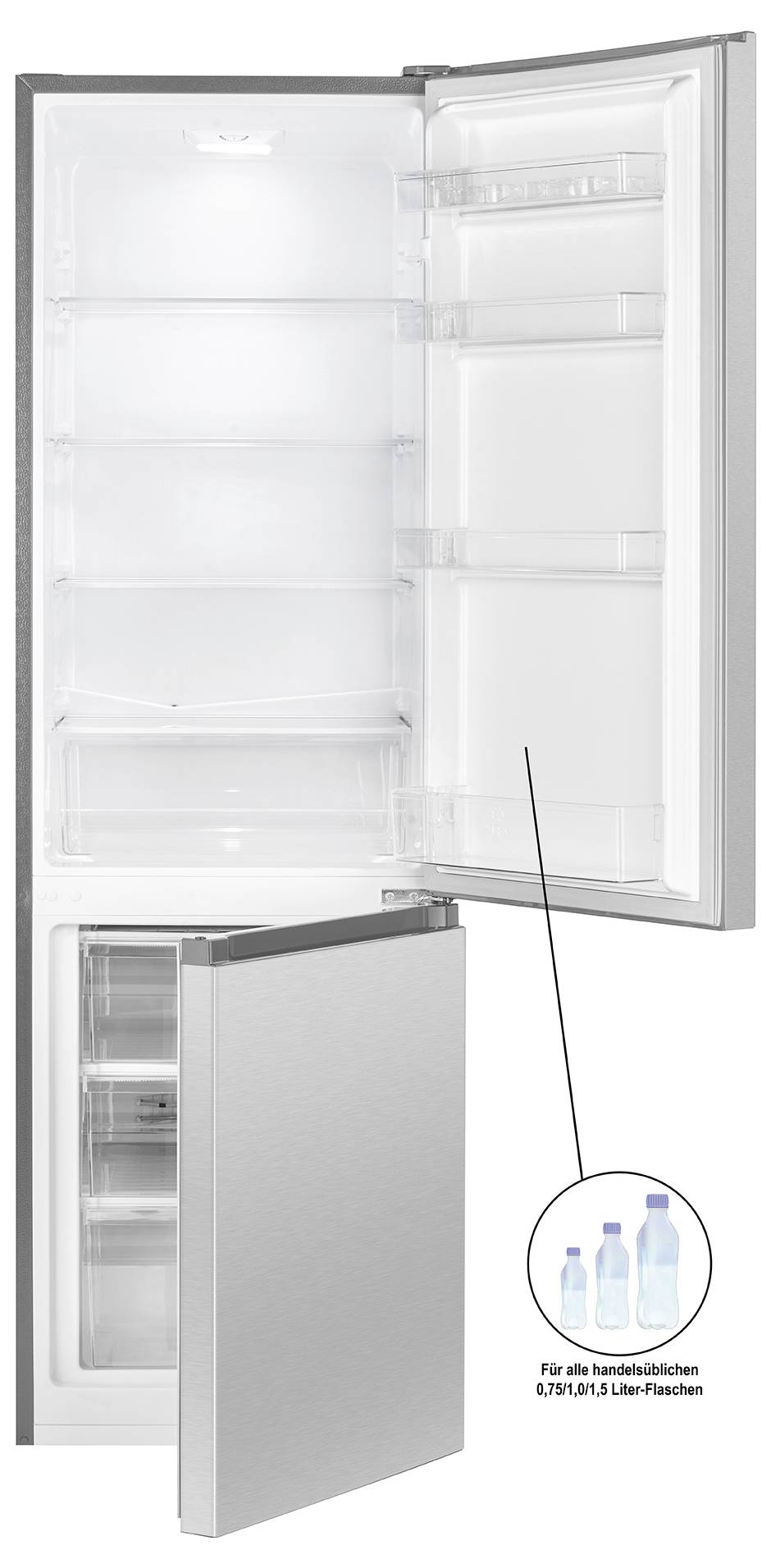 Kühlschrank mit an der Tür montierten Regalen und kleinerem Gefrierfach unten, dargestellt als Produkt mit einer Beschriftung, die angibt, dass die Regale Flaschen und Behälter aufnehmen.