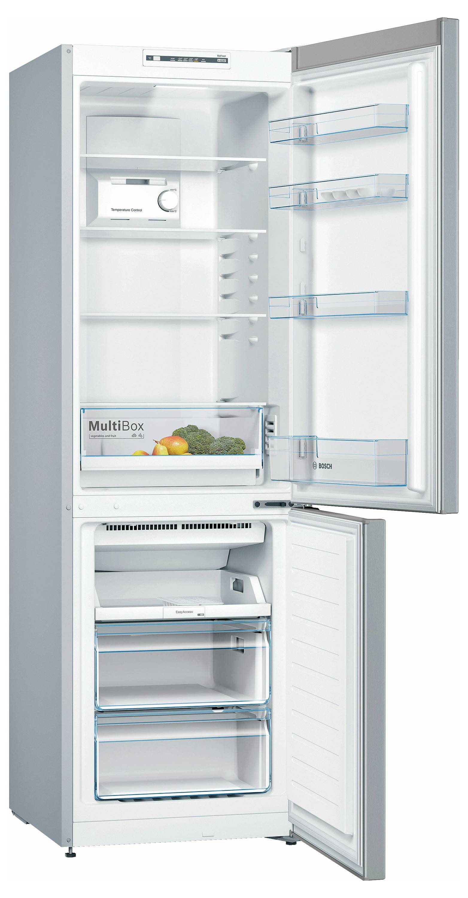 Offener Kühlschrank mit oberem Kühlbereich und unterem Gefrierfach, das leere Regale und eine „MultiBox"-Schublade mit Obst und Gemüse zeigt.
