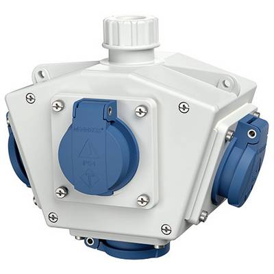 Weiße industrielle elektrische Anschlussdose mit blauen versiegelten Kabelanschlüssen auf mehreren Seiten und einer oberen Kabeleinführung.