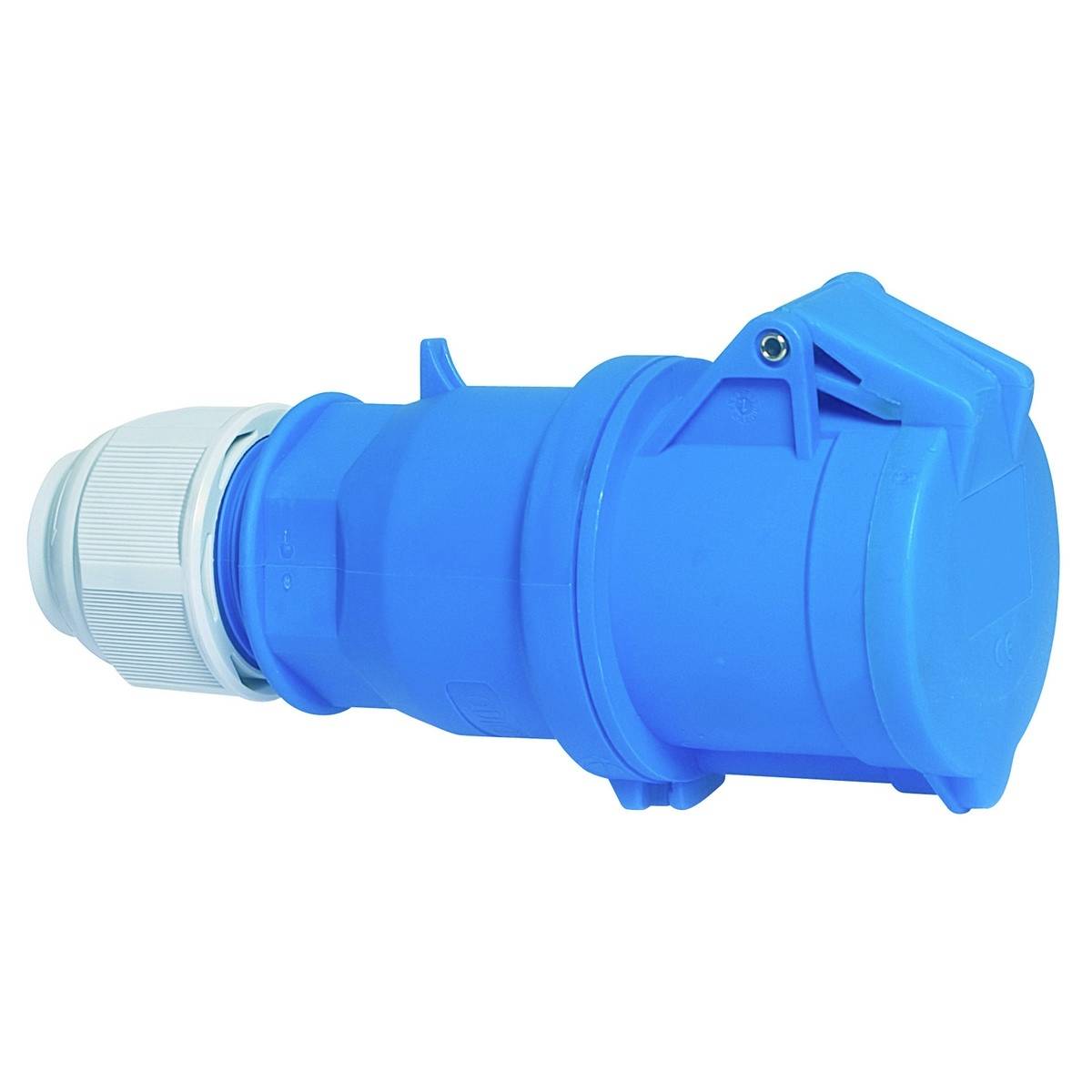 Blauer Industrie-Stromstecker mit weißem Steckerende, auf einem einfachen weißen Hintergrund dargestellt.
