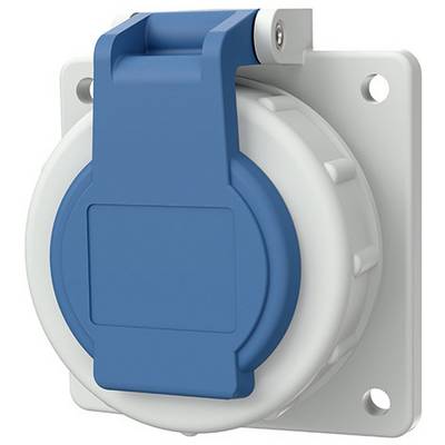 Blauer Industriestromstecker mit Schutzkappe, auf einer weißen Wandplatte montiert, mit einem hochklappbaren Schutzdeckel, der über der Steckdose geschlossen ist.