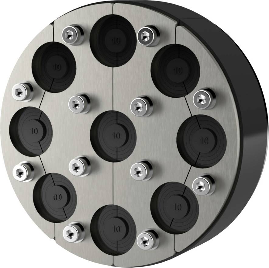 Rundes metallisches mechanisches Bauteil mit mehreren nummerierten kreisförmigen Schlitzen und Sechskantschrauben, dargestellt als 3D-Industrieteil.