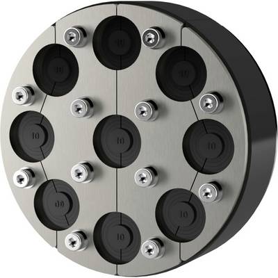 Rundes metallisches mechanisches Bauteil mit mehreren nummerierten kreisförmigen Schlitzen und Sechskantschrauben, dargestellt als 3D-Industrieteil.