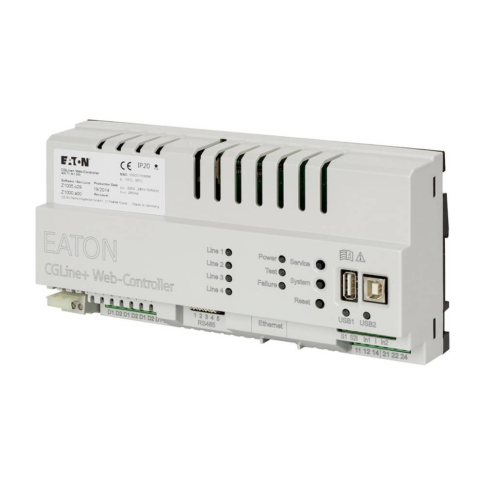 Eaton CgLine+ Web-Controller-Modul mit Status-LEDs, Ethernet- und USB-Anschlüssen, auf weißem Hintergrund dargestellt.