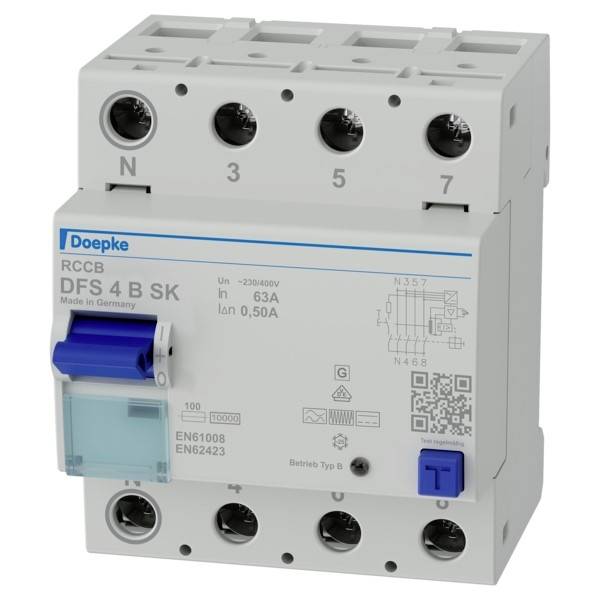 Doepke RCD-Schutzschalter mit blauem Schalter und QR-Code, gekennzeichnet mit DFS 4 B SK, 63A, 0,50A, für elektrischen Schutz.