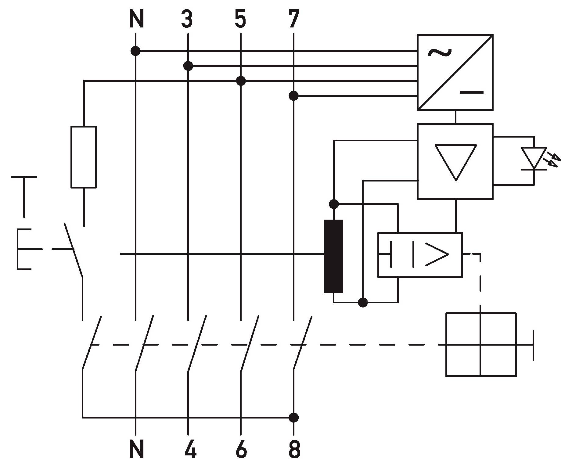 Schaltplan für elektrische Verdrahtung mit Netzeingang N, 3, 5, 7 und Ausgang N, 4, 6, 8 verbunden mit einem Steuermodul mit Gleichrichter, Transformator, Relais und Anzeigeledindikator.