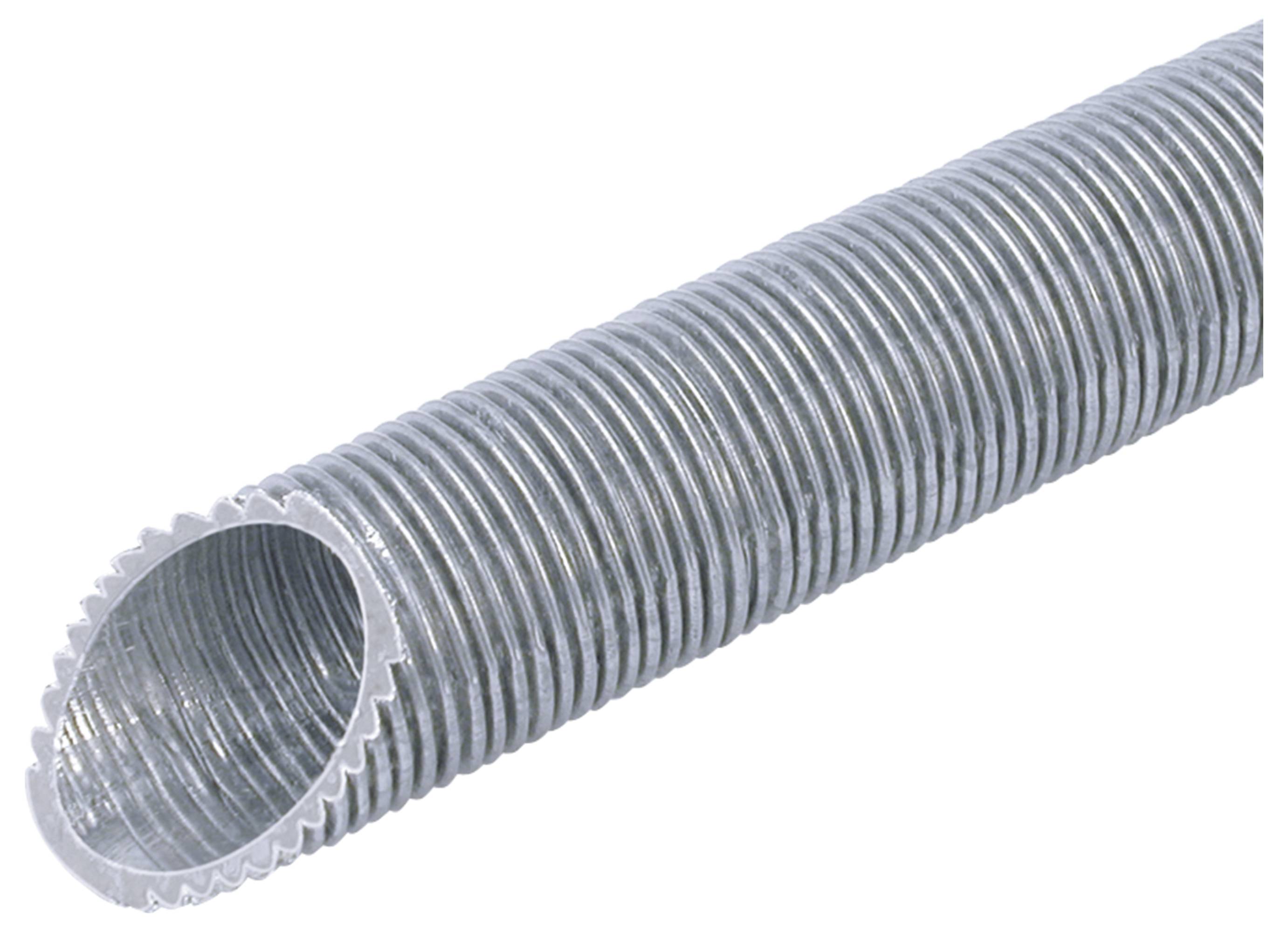 Nahaufnahme eines flexiblen silberfarbenen gewellten Metallschlauchs, diagonal auf einem einfachen weißen Hintergrund dargestellt.