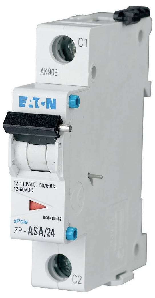 Eaton xPole ZP-AS/24 Schutzschaltermodul mit C1- und C2-Anschlüssen, frontseitiger Kippschalter und Beschriftungen 12-110VAC/12-60VDC.
