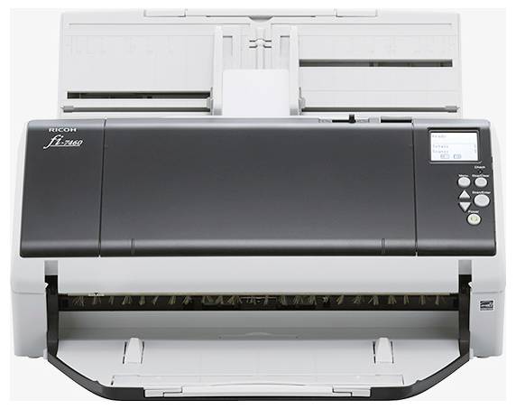 Vorderansicht eines Ricoh fi-6800 Dokumentenscanners mit sichtbarem Einzugsfach und Bedienfeld.