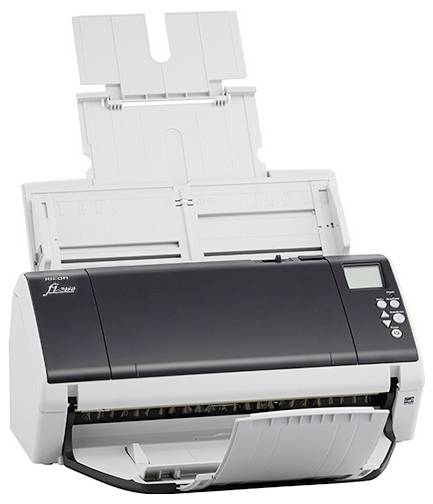 Desktop-Dokumentenscanner mit automatischem Blatteinzug und Frontbedienfeld, dargestellt auf weißem Hintergrund.
