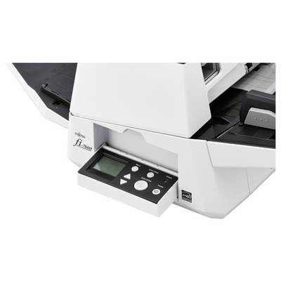 Nahaufnahme eines Fujitsu fi-7030 Dokumentenscanners mit geöffnetem Bedienfeld-Tablett, das Schaltflächen und ein kleines Display zeigt.
