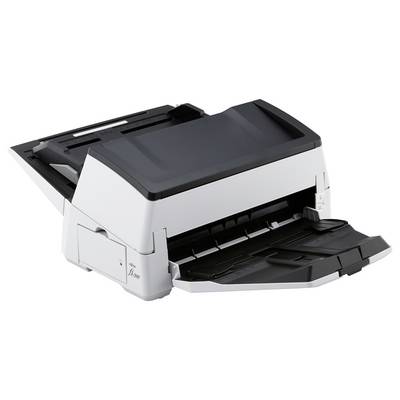 Desktop-Dokumentenscanner mit offener Papierkassette und ausgefahrenem Ausgabefach, dargestellt auf weißem Hintergrund.