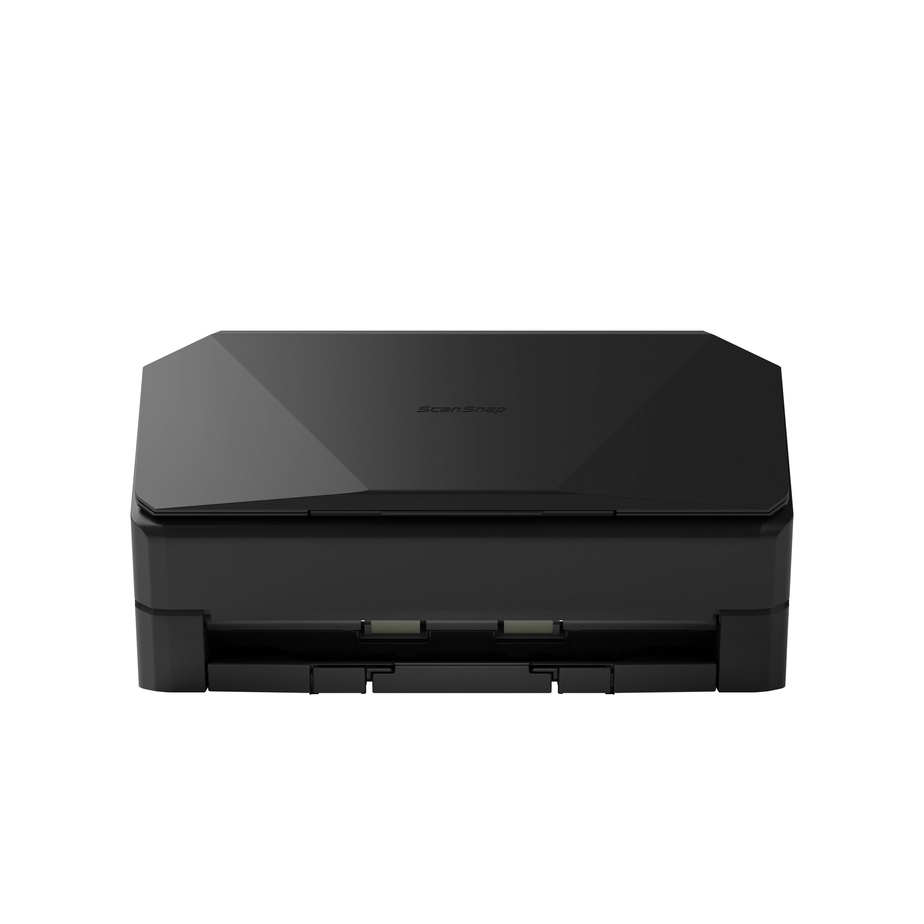 Schwarzer kompakter Multifunktionsdrucker/Scanner in Vorderansicht auf weißem Hintergrund.