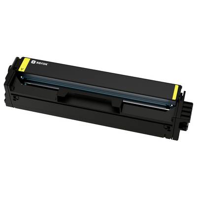 Schwarze Xerox-Tonerpatrone mit gelben Endkappen, dargestellt in einer Dreiviertelsansicht auf weißem Hintergrund.