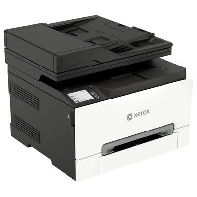 Schwarz-Weiß-Xerox-Multifunktionsdrucker mit Scanner und Bedienfeld, in Schrägansicht dargestellt.