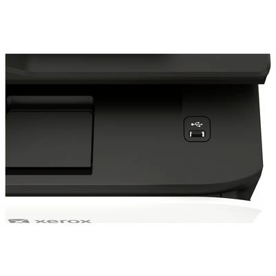 Nahaufnahme der Frontplatte eines Xerox-Druckers mit einem USB-Port-Symbol und einer rechteckigen Kontrolle oder Abdeckung auf der linken Seite.