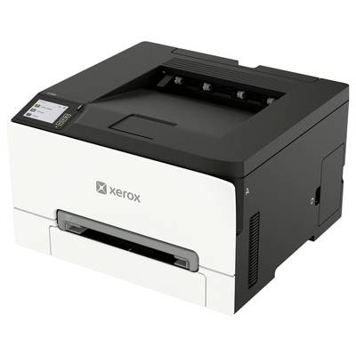 Xerox-Desktoplaserdrucker mit Papierfach und Bedienfeld oben, auf weißem Hintergrund dargestellt.