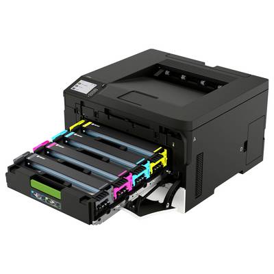 Schwarzer Laserdrucker mit geöffnetem vorderen Papierfach, das vier Farbtonerkassetten zeigt, die in das Gerät geladen werden.