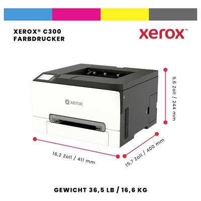 Xerox C300 Farbdrucker mit den Abmessungen 16,2 x 15,7 x 9,6 Zoll und einem Gewicht von 36,5 lb (16,6 kg).