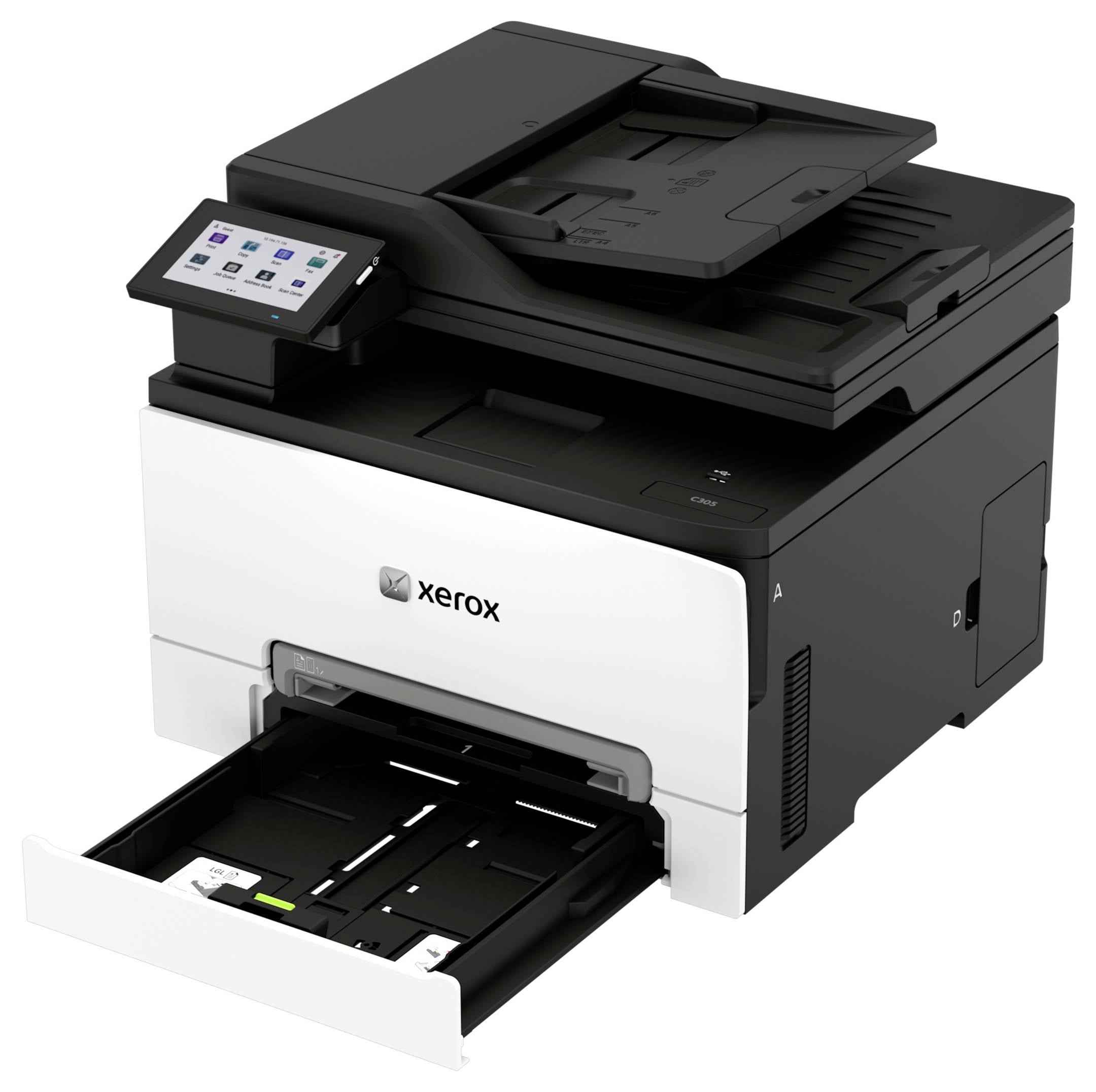 Xerox Multifunktionsdrucker mit Touchscreen-Bedienfeld und offener Papierschublade, auf weißem Hintergrund dargestellt.