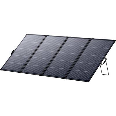 Tragbares faltbares Solarpanel mit vier dunkelblau gefärbten Photovoltaikmodulen und einem Ständer.