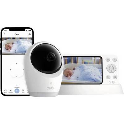 CUPY Babyphone mit Kamera, Smartphone-App und tragbarem Display mit einem schlafenden Säugling im Babybett.
