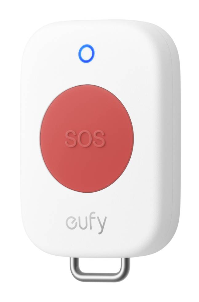Ein weißer Eufy-Notfallknopf mit großer roter "SOS"-Taste, blauem Statuslicht und einer Metallschlaufe am unteren Ende.