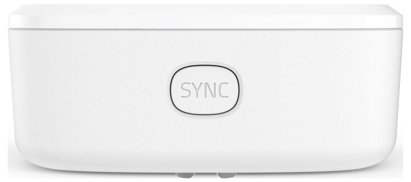 Weißes rechteckiges Gerät mit einer zentrierten „SYNC"-Taste an der Vorderseite.