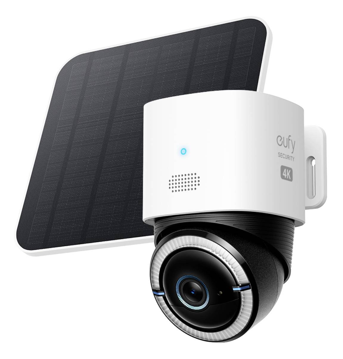Eufy Security 4K Solar-Außenkamera mit angebrachtem Solarpanel und Halterung.