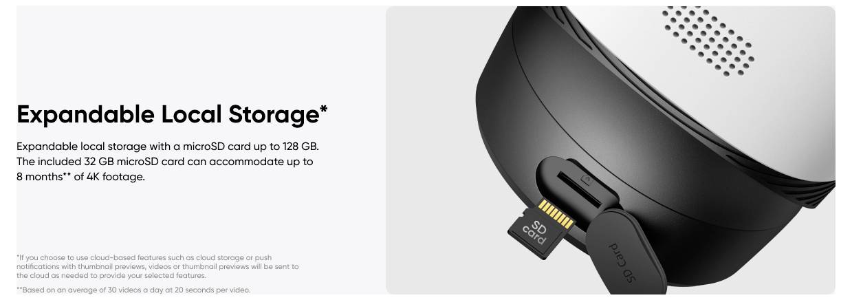 Werbegrafik für erweiterbare lokale Speicherung, die ein Gerät mit eingelegter microSD-Karte zeigt; der Text besagt, dass der Speicher bis zu 128 GB erweitert werden kann und die mitgelieferte 32-GB-Karte bis zu 8 Monate 4K-Aufnahmen speichern kann.
