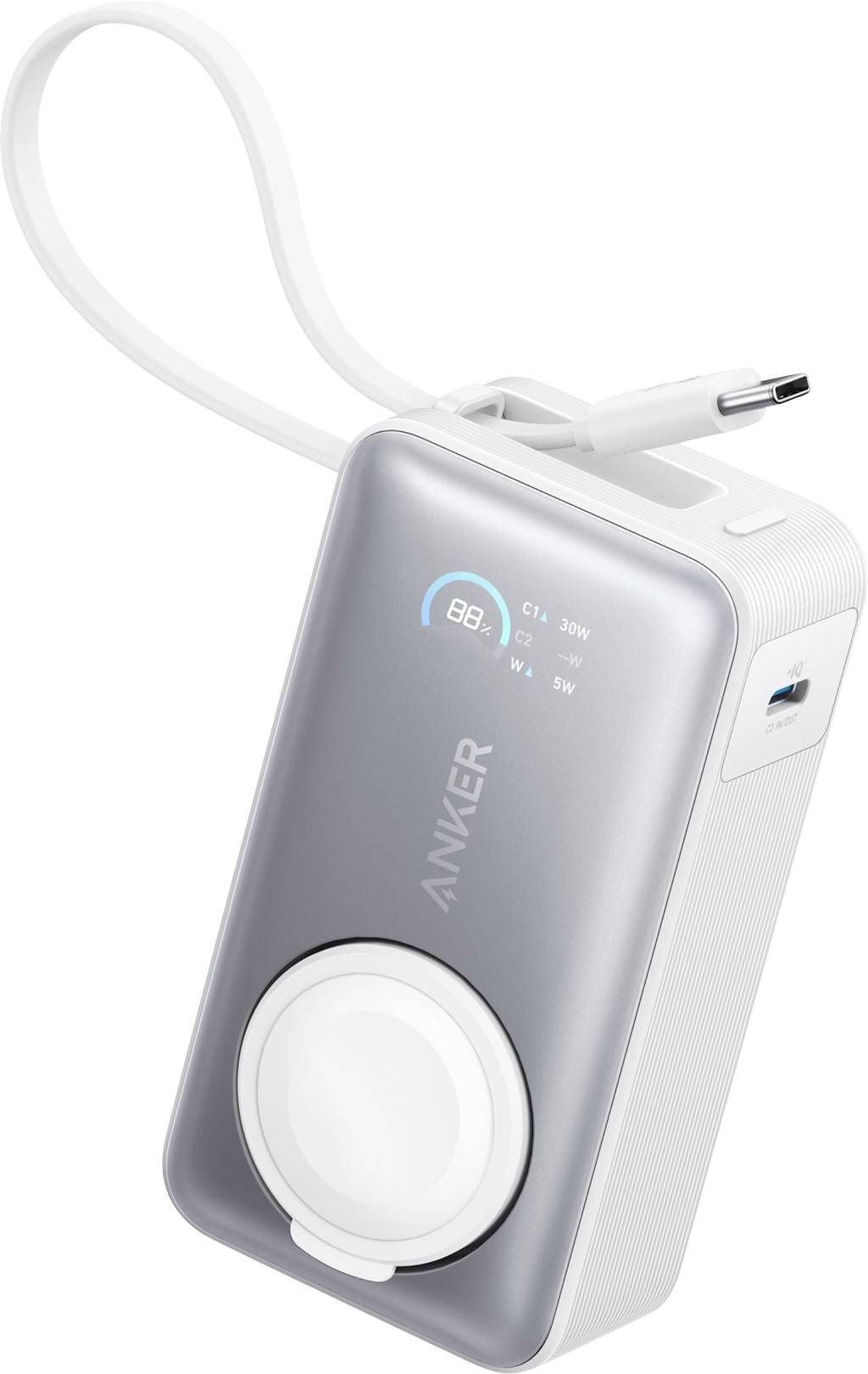 Tragbare Anker-Powerbank mit integriertem Kabel, digitaler Ladeanzeige und rundem kabellosen Ladegerät auf weißem Hintergrund