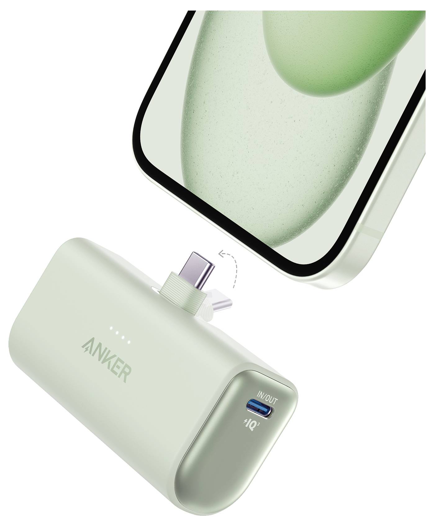 Anker tragbares Powerbank lädt ein Smartphone über einen eingebauten Anschluss auf, mit USB-C-Eingang und kabelloses Laden auf dem Gerät dargestellt.