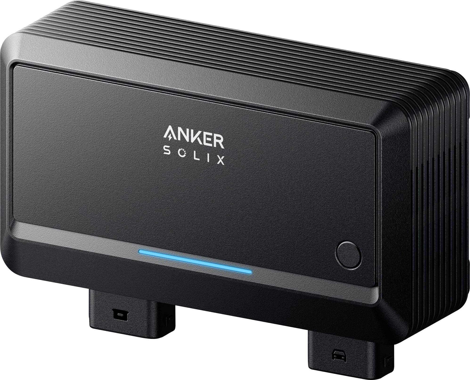 Schwarze Anker Solix Batteriepack mit blauem Statuslicht und zwei unteren Anschlüssen, gezeigt auf weißem Hintergrund.