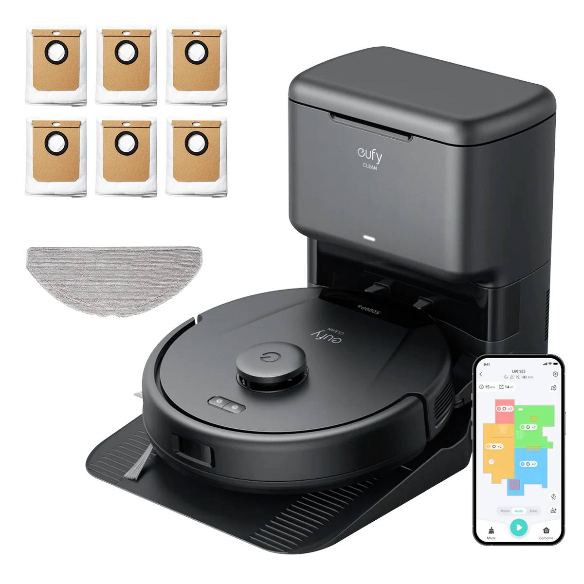 Eufy-Roboterstaubsauger mit selbstleerender Dockingstation, Moppad, sechs Staubsaugerbeutel und Smartphone-App-Steuerung, dargestellt als Produktbundle.