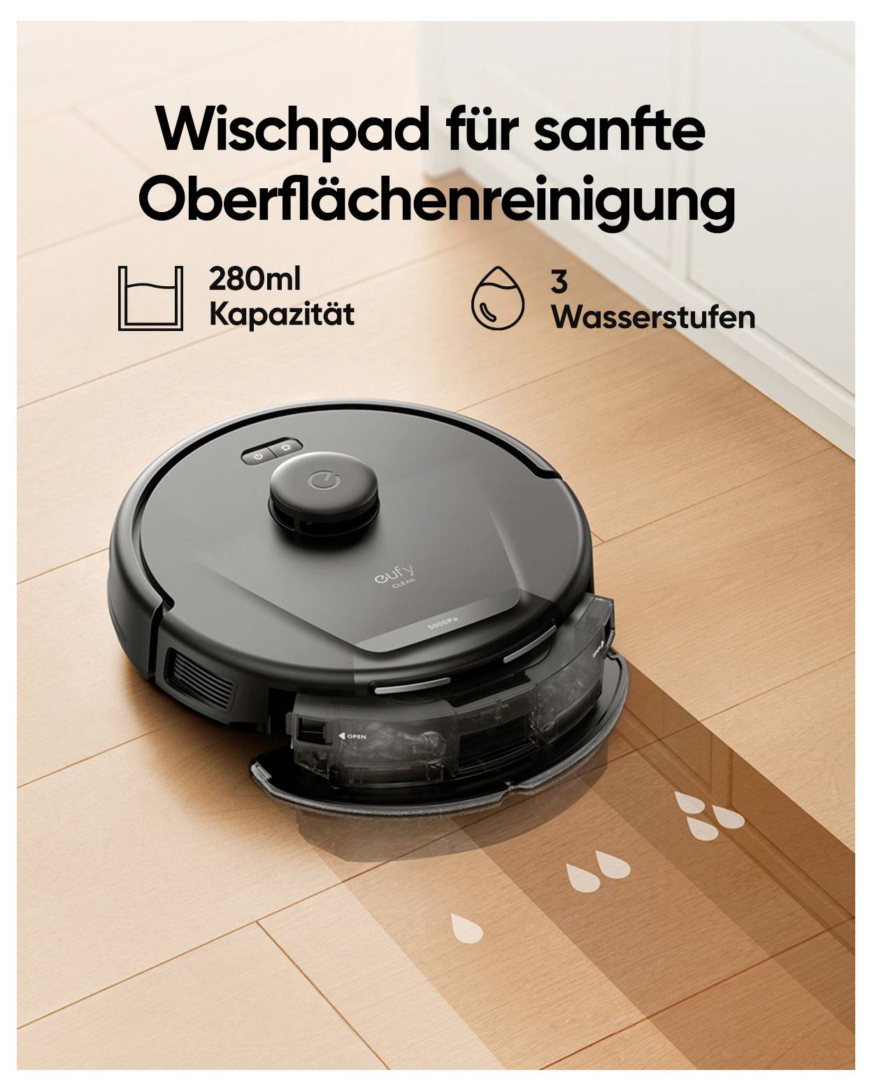Roboterstaubsauger auf Fliesenboden, dargestellt als sanfte Oberflächenreiniger mit 280-ml-Kapazität und 3 Wasserstufen.