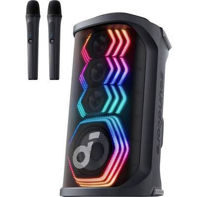 Tragbarer Lautsprecher mit farbenfrohen LED-Lichtstreifen, plus zwei kabellose Mikrofone daneben abgebildet.