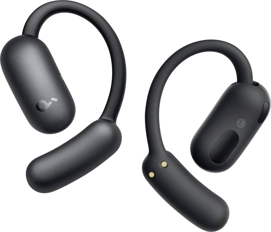 Zwei schwarze kabellose Open-Ear-Kopfhörer mit flexiblen Ohrbügeln, von zwei Seiten auf weißem Hintergrund gezeigt.