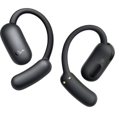 Zwei schwarze kabellose Open-Ear-Kopfhörer mit flexiblen Ohrbügeln, von zwei Seiten auf weißem Hintergrund gezeigt.