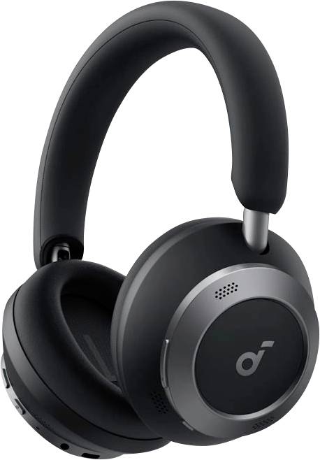 Schwarze kabellose Over-Ear-Kopfhörer mit gepolstertem Kopfbügel und silbernem Akzentring, gezeigt auf weißem Hintergrund.