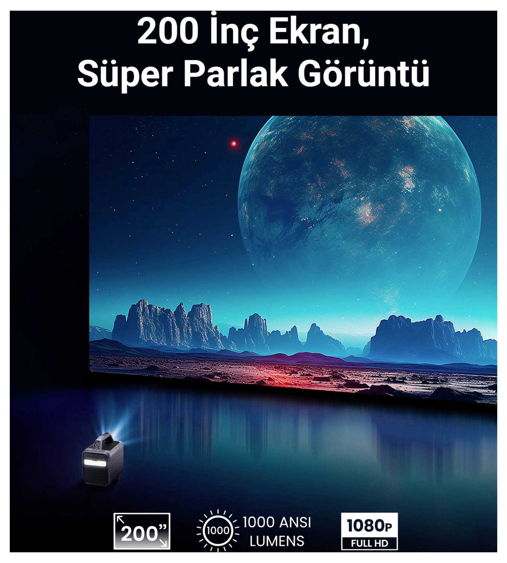Werbebildschirm für einen 200-Zoll-Bildschirm mit ultraheller Bildqualität, der eine Sci-Fi-Landschaft zeigt; die Beschriftungen enthalten '1000 ANSI LUMENS' und '1080P FULL HD'.